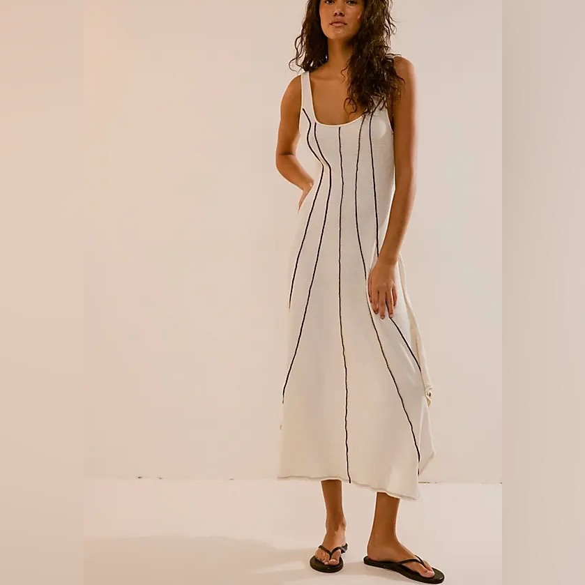 Free People Corrine Bohemian Striped Midi Dress - Seed Pearl
